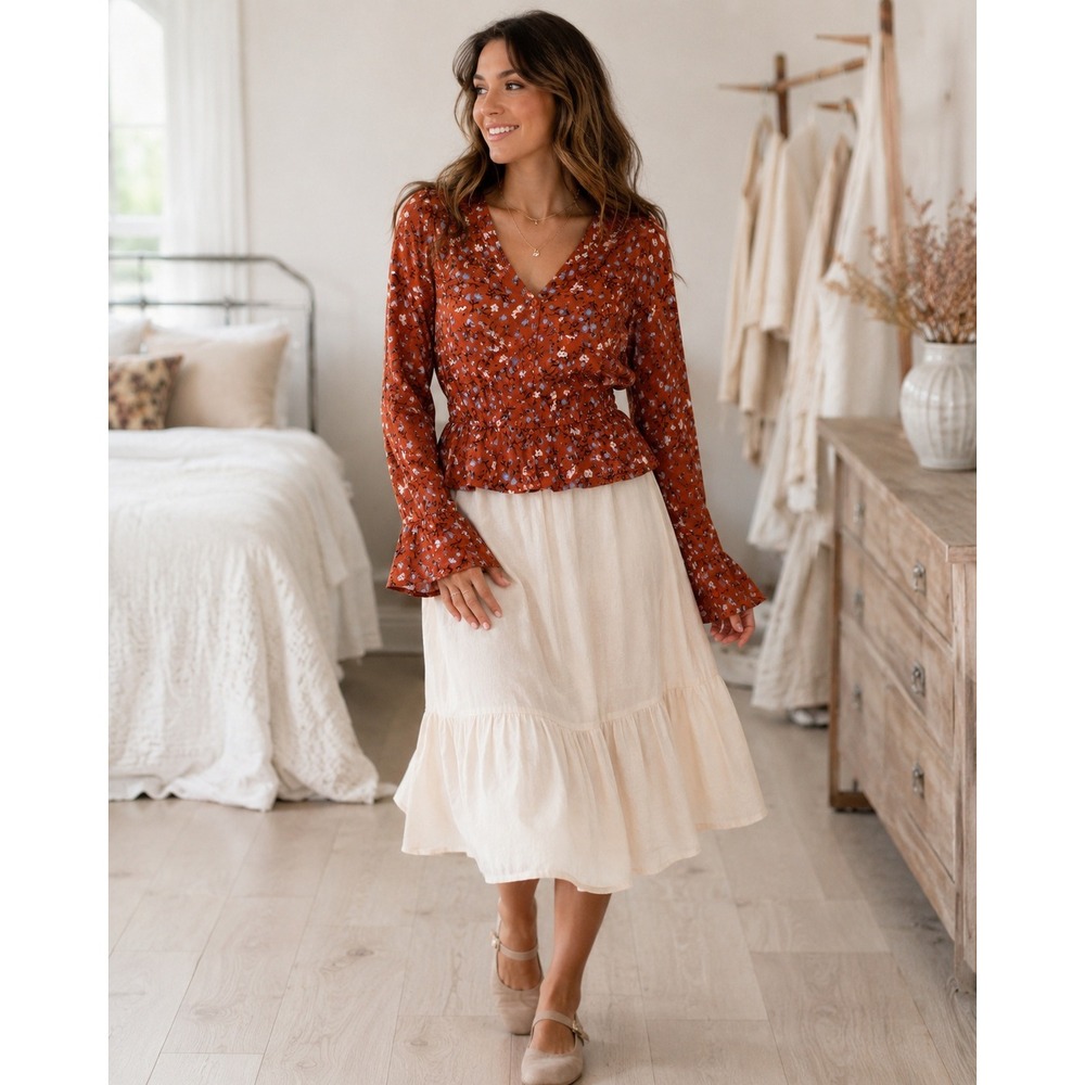Japna Floral Viscose Peplum Top Rust Orange Blue Size M Boho Cottagecore